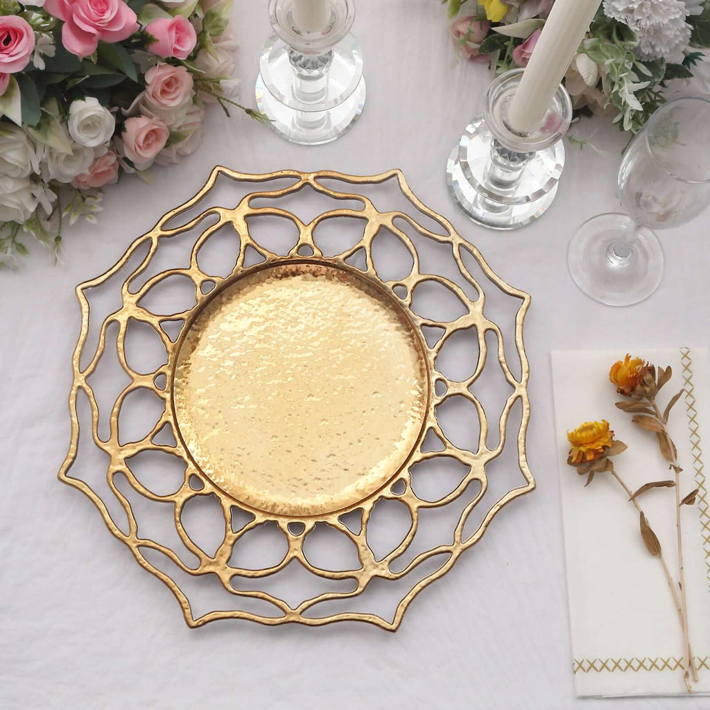 6-Pack Acrylic Charger Plates 13" Round Gold Floral Cutout Design - Hollow Flower Plastic Decorative Dinner Party Charger Tableware