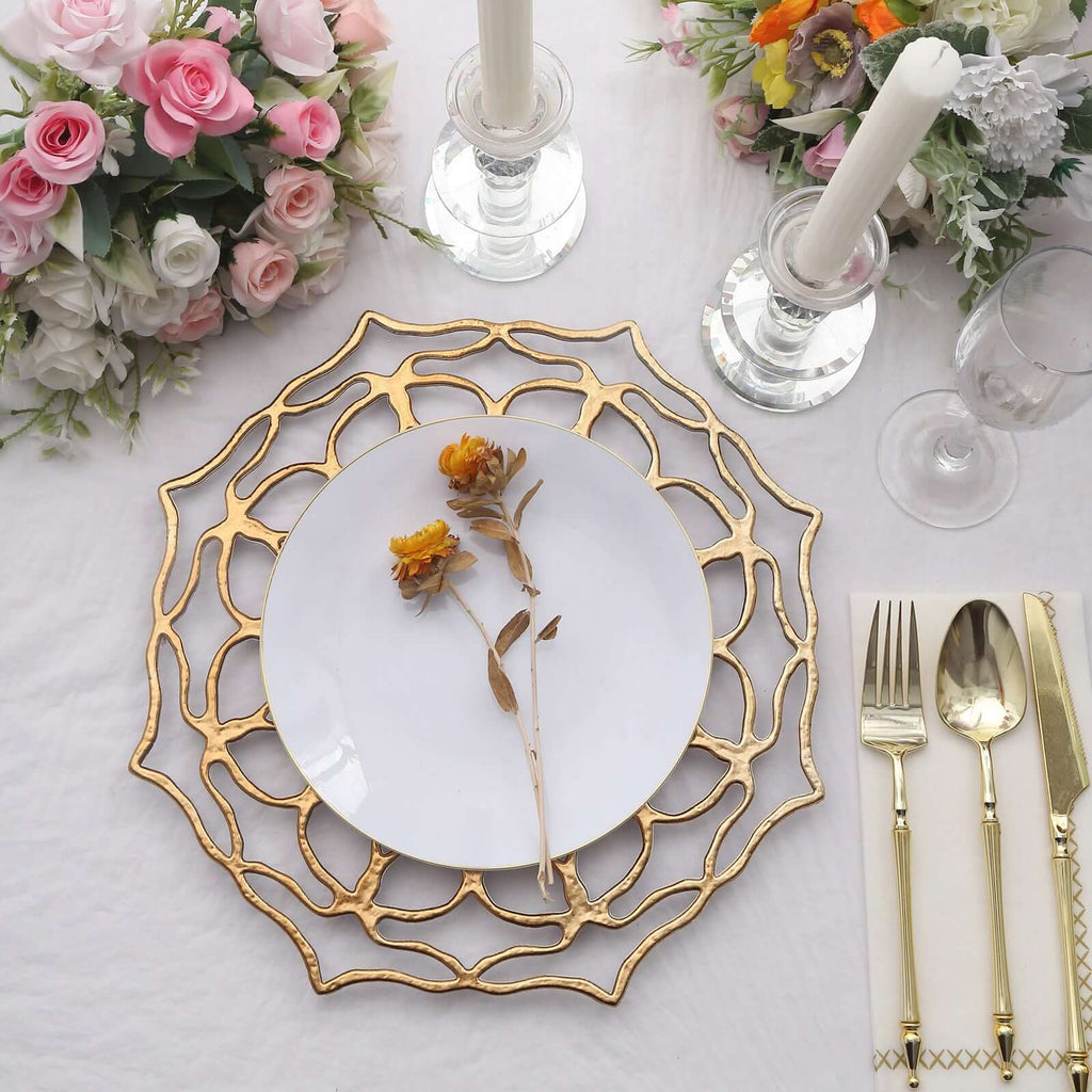 6-Pack Acrylic Charger Plates 13" Round Gold Floral Cutout Design - Hollow Flower Plastic Decorative Dinner Party Charger Tableware